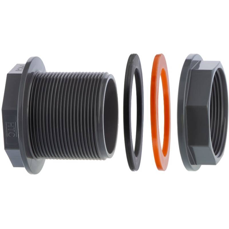 PVC-U Tankdurchführung – Klebemuffe × Klebemuffe × Aussengewinde (20–110 mm)