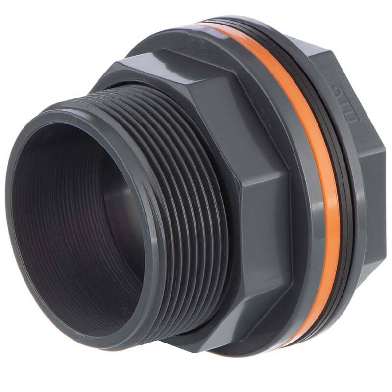 PVC-U Tankdurchführung – Klebemuffe × Klebemuffe × Aussengewinde (20–110 mm)